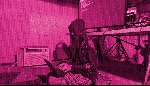 pink dithered photo of girl sitting on the floor in a basement in front of a tv on a table with code on it